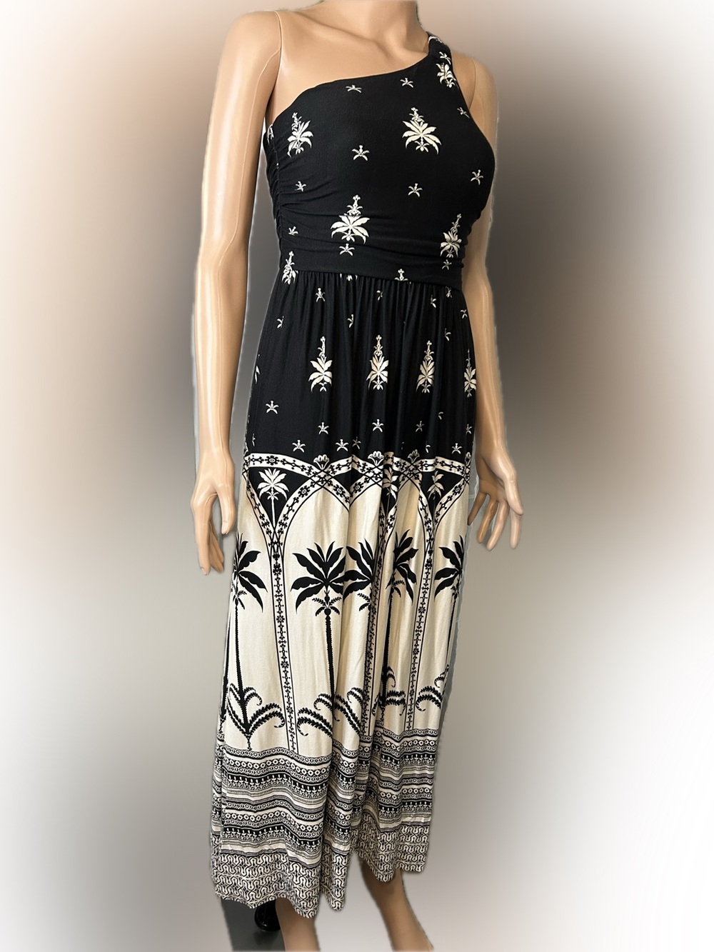 Soma Black and Cream One-Shoulder Palm-Print Maxi Dress